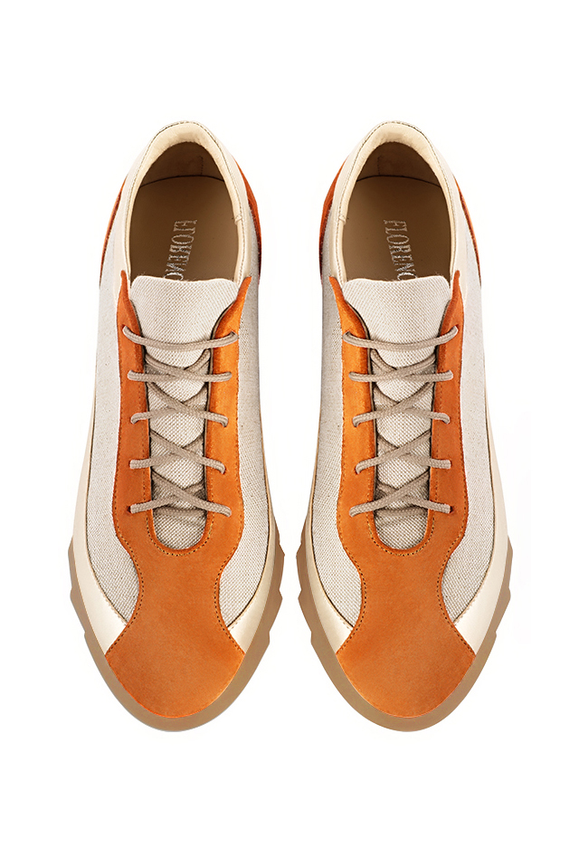 Apricot orange and gold women's two-tone elegant sneakers. Round toe. Low rubber soles. Top view - Florence KOOIJMAN